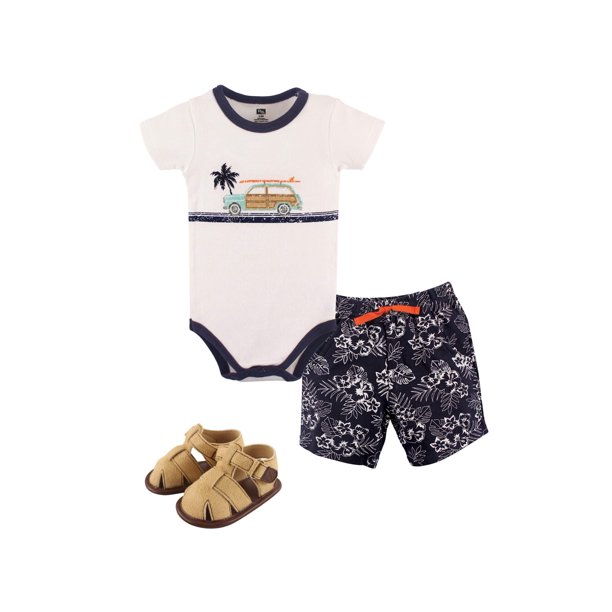 Hudson Baby Hudson Baby Boy Cotton Bodysuit, Shorts and Shoe Outfit