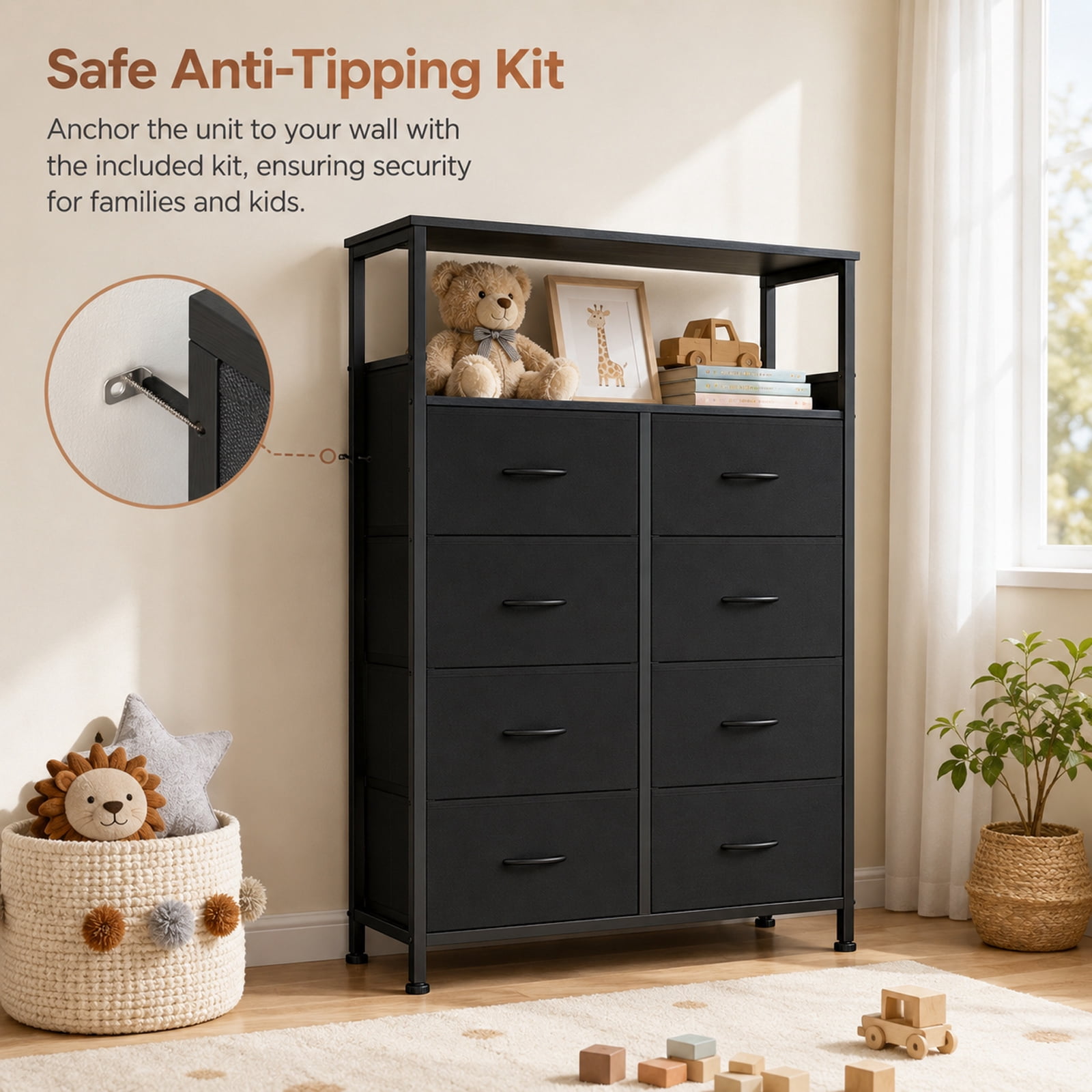 Alvantor 8-Drawer Fabric Dresser with Open Shelf, Chest of Drawers, Steel, MDF, Storage Organizer Unit, Closet, Entryway