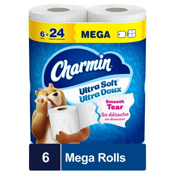 Charmin Toilet Paper Ultra Soft, 6 Mega Rolls = 24 Regular Rolls, 2-ply Bath Tissue, 6CT