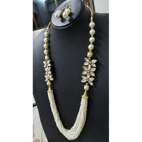 Elegant White Pearl Beaded Kundan Necklace Set with Earrings – Traditional Indian Jewelry for Women