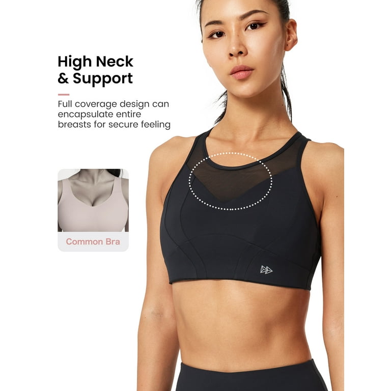 Yvette High Neck Supportive Sports Bra High Impact - No Bounce Soft  Moisture Wicking for Running Racerback Plus Size,Black,S 