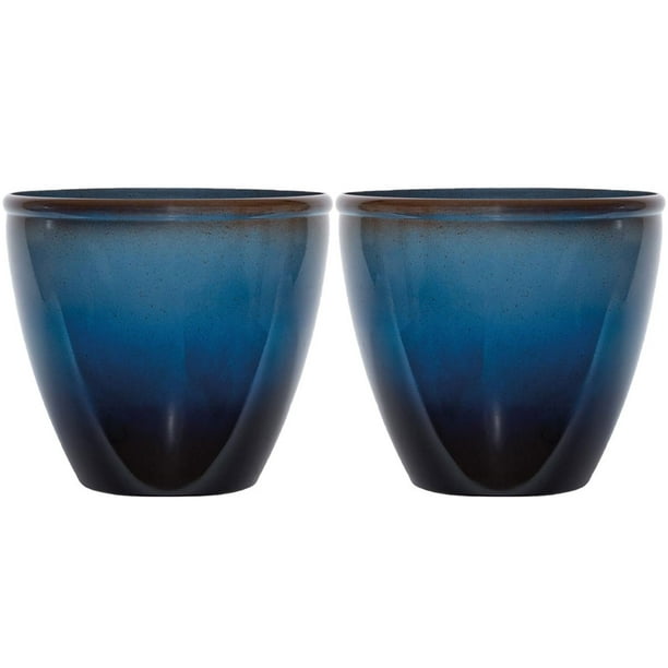 Suncast Seneca 16 Inch Decorative Resin Flower Planter Pot Blue Brown 2 Pack Walmart Com Walmart Com