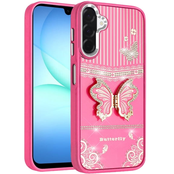 For Motorola Moto G Stylus 5G (2025) Glitter Butterfly Case with 3D Stand Sparkle Hybrid Metallic Edges Protective Phone Cover Slim Fit Hot Pink]