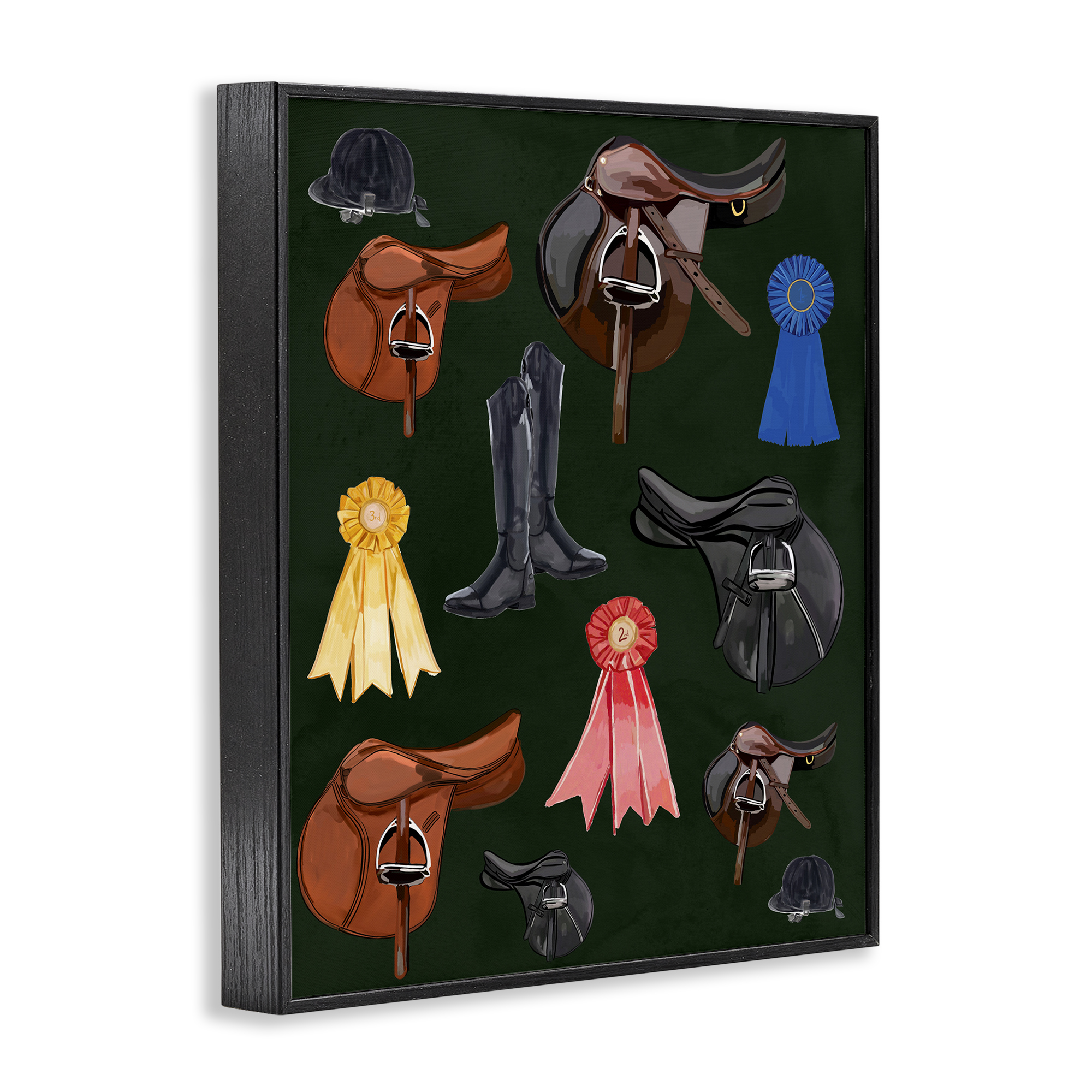 Stupell Industries Equestrian Saddles & Ribbons Sports Painting Black Framed Art Print Wall Art, 24 x 30
