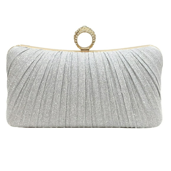 Womens Golden Glitter Clutch Purse Pleated Evening Bag for Bridal Wedding Party with Rhinestone Ring - Silver