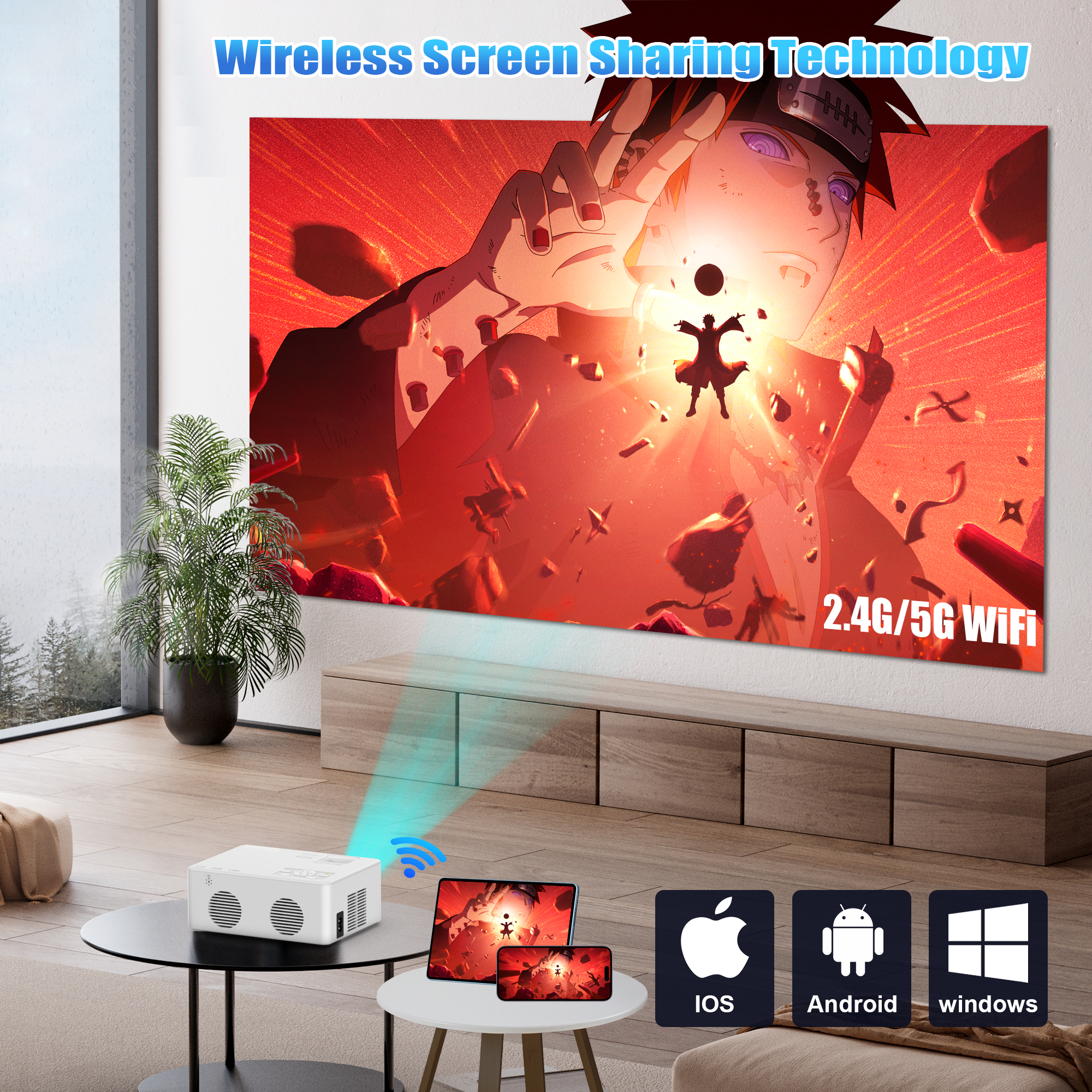 GCZ Mini Projector, Projector with WiFi and Bluetooth, 1080P Full HD Support, Compatible with TV Stick/Phone/HDMI