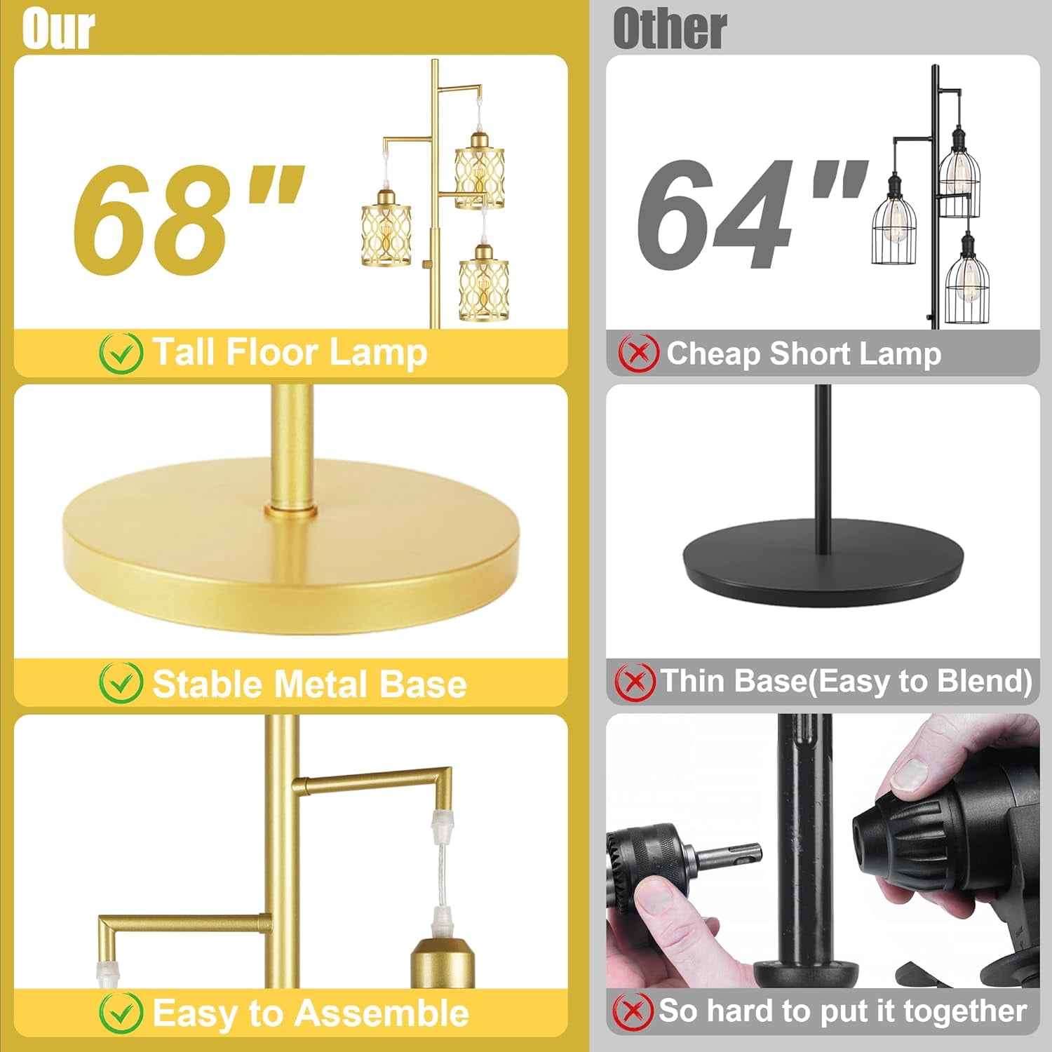 68" Gold Floor Lamp, Dimmable Industrial Floor Lamps for Living Room, 3 Light Rustic Standing Tall Lamp Including 3 PCS 6W E26 Bulbs, Farmhouse Tree Floor Lamp for Bedrooms, Office, Bar