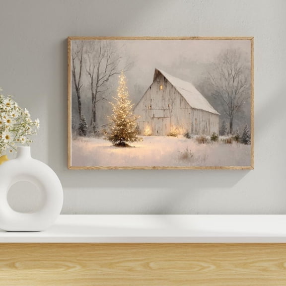 Rustic Christmas Barn Poster Winter Scene Wall Decor Canvas Art Snowy Prints Painting Picture Artwork Home Bedroom Rustic Christmas Decoration No Frame