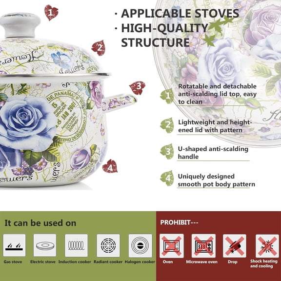 Retro Flower Enamel Stockpot with Lid, Stockpots for Cooking (5L-Blue Rose)