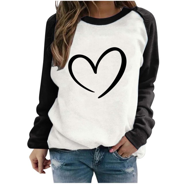 Cameland Hauts pour Femmes Mode Automne Manches Longues Chandails en Molleton Imprimé Cœur Col Rond Pull Décontracté Blouses