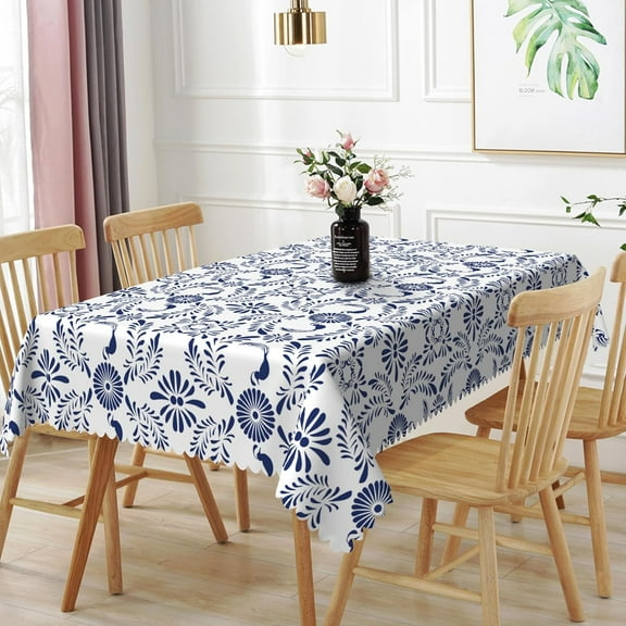 60x84inches Rectangle Tablecloth Blue and White Porcelain Floral Mexican Talavera Table Cloths Waterproof Fabric Table Cover for Kitchen Dining Room Indoor Outdoor Banquet Party Supplies
