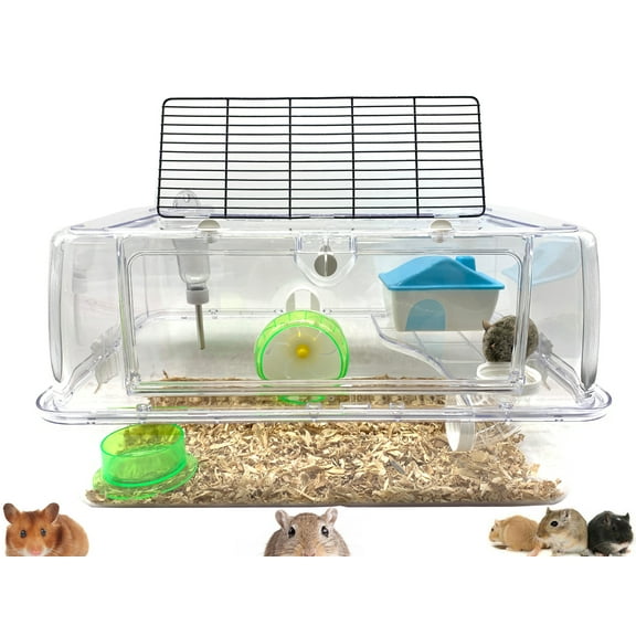 Deluxe 2-Tiers Acrylic Clear Dwarf Hamster Home Mouse Gerbil Play House Rat Habitat Mice Cage Include Running Wheel Water Bottle Hide House Food Bowl