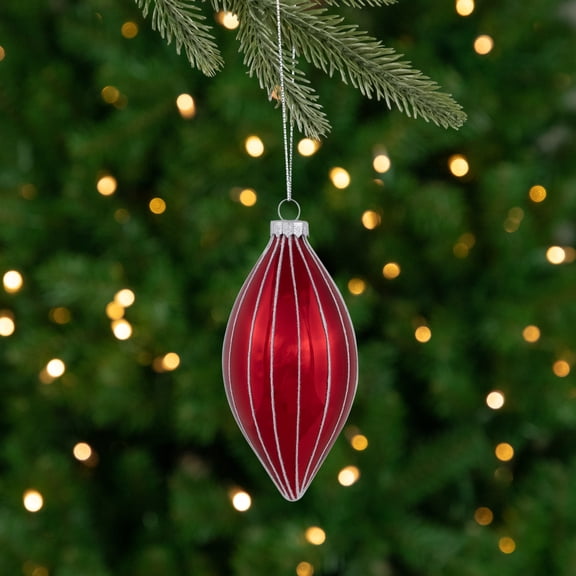 Northlight 5" Shiny Red and White Glittered Striped Glass Finial Christmas Ornament