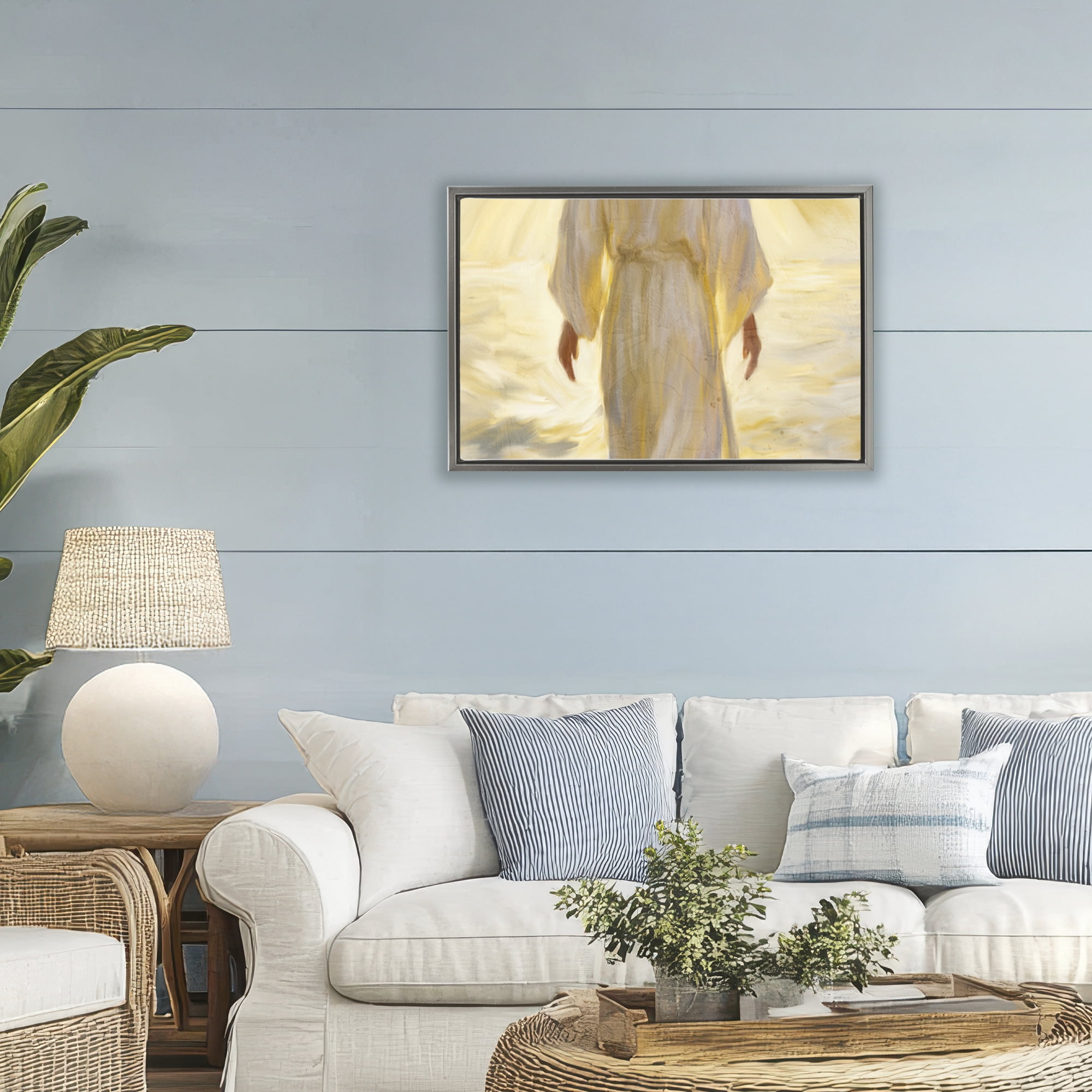 Stupell Industries Golden Walk Spiritual Figure Gray Framed Floater Canvas Wall Art, design by Kim Allen