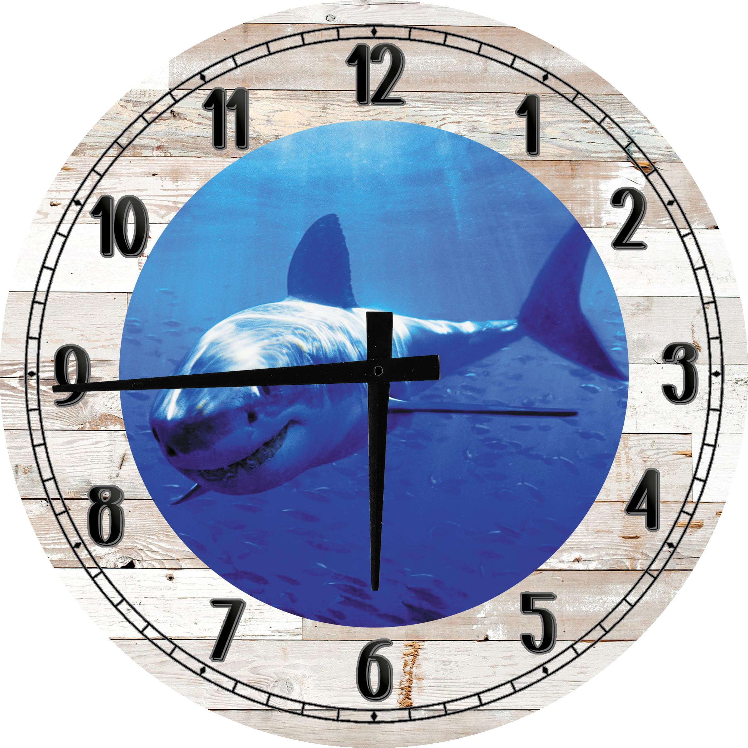 Large Wood Wall Clock 24 Inch Round Shark Wall Art Great White Shark