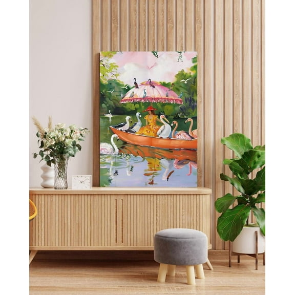Kna Prints - 1 Pc Poster Waterbirds Bird Lover Print, Whimsical Boat Art, Flamingo Wall Decor, Maximalist , Elegant Lake Scene Artwork , UNFRAMED-8x12