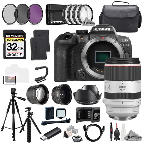 Canon EOS R10 Camera   RF 70-200mm f/2.8 L IS USM Lens  32GB Ext Bat 9 PC Filtr-MEGA Kit (International Version)
