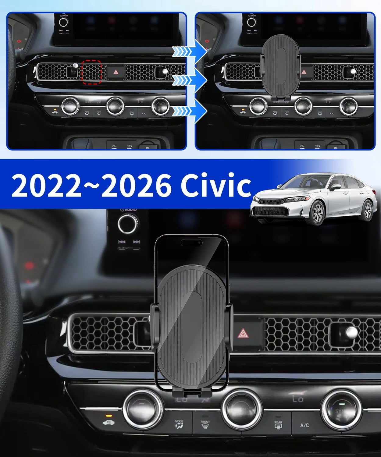 Car Phone Holder for Honda Civic 2024 2025 2026 Auto Accessories，One Hand Place & Pick，360° Rotation，Hands Free，for 4.7-7 inch Phones