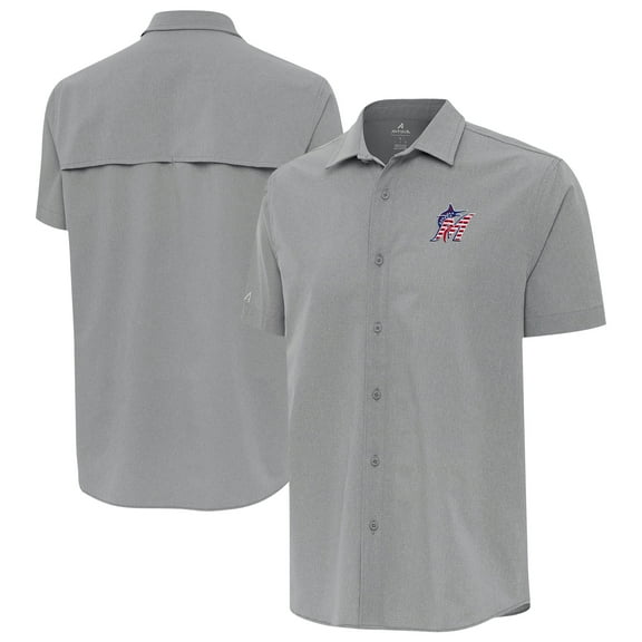 Men's Antigua Gray Miami Marlins Activate Stars and Stripes Team Logo Short Sleeve Button-Up Shirt