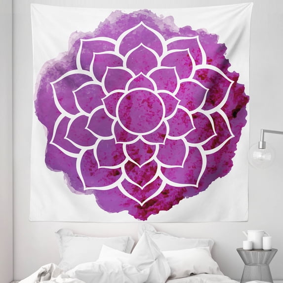 Purple Mandala Tapestry, Watercolor Lotus Flower Yoga Boho Style Painbrush Art, Fabric Wall Hanging Decor for Bedroom Living Room Dorm, 5 Sizes, Fuchsia White, by Ambesonne