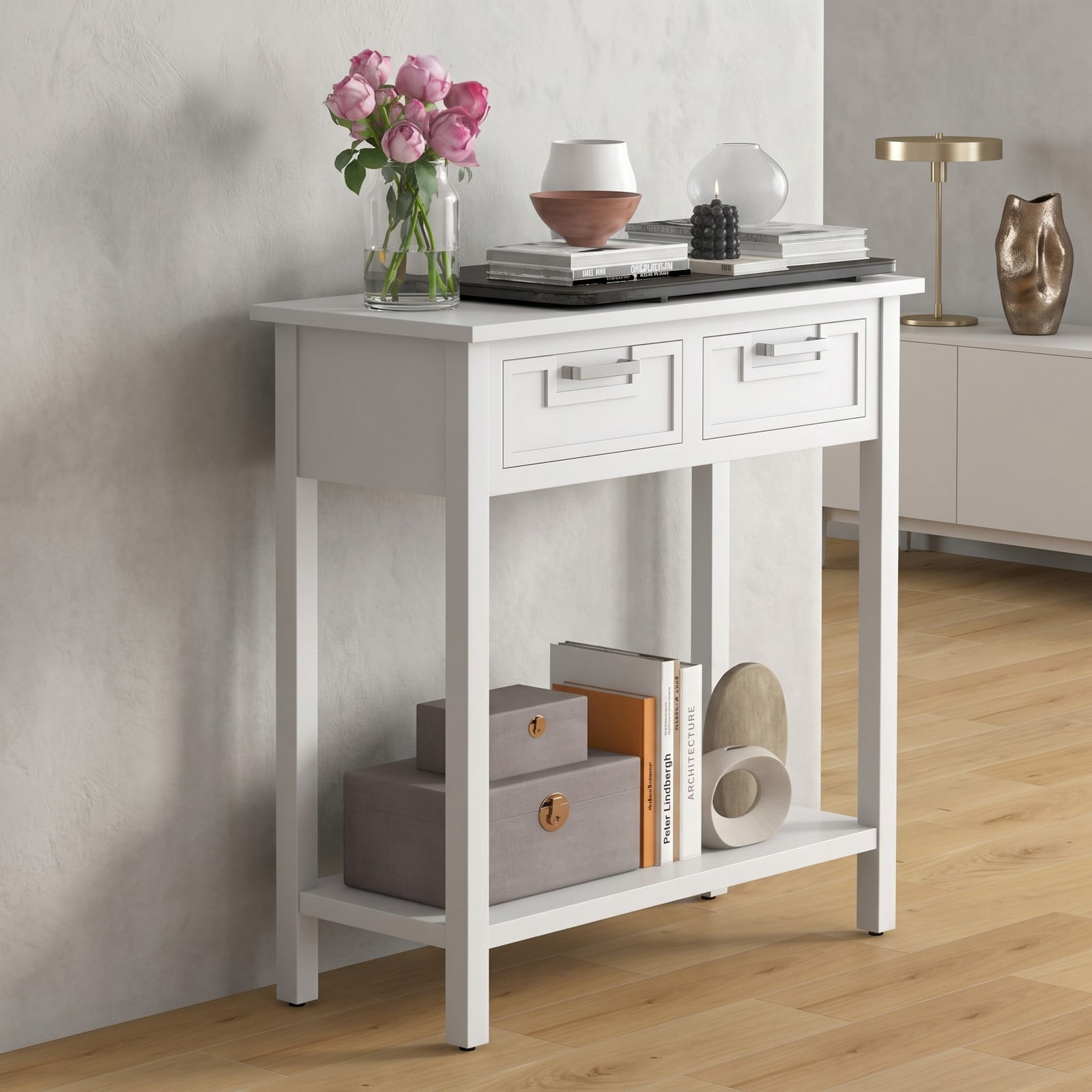 Furnibear Narrow Console Table with 2 Drawers and Open Storage Shelf and Solid Wood Legs for Small Entryway and Foyer, White