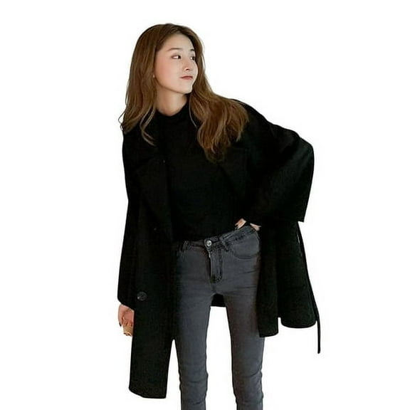 Skymirror Fall Winter Women Woolen Jacket Thick Loose Turn-down Collar OL Commuting Jacket Double-breasted Mid Length Korean Style Overcoat Outerwear for Daily Work Outdoor