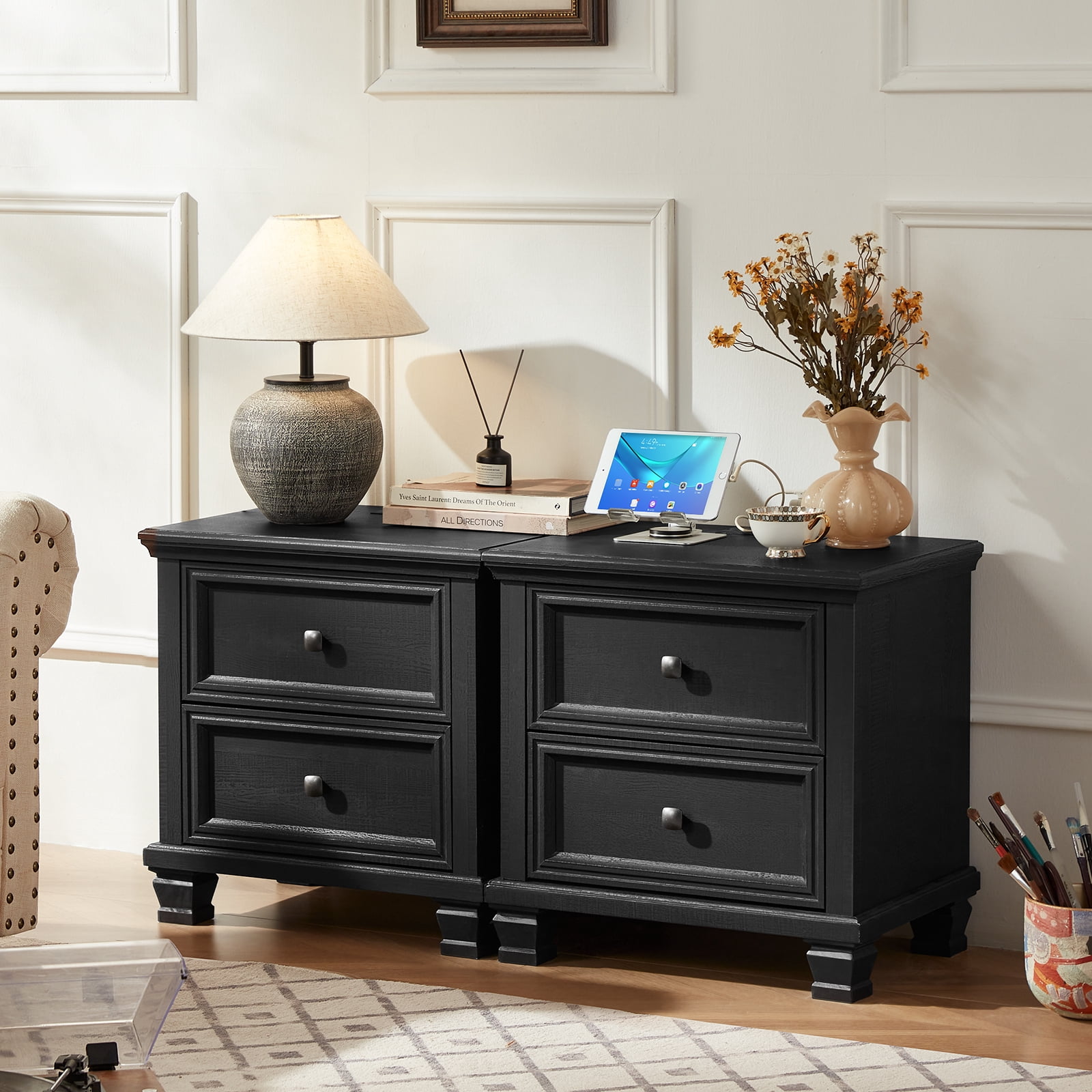 Buildhom Farmhouse Nightstand with Charging Station, 2-Drawer Rustic End Table with Solid Wood Legs for Bedroom, Black