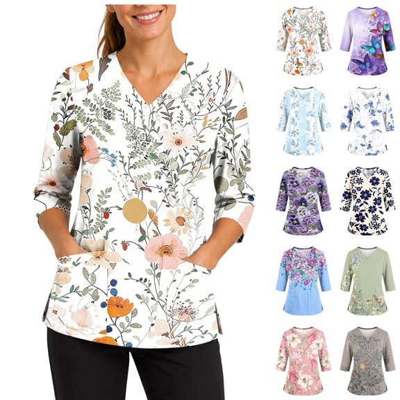 LNZGNM Scrub Tops for Women 3/4 Sleeve V neck Scrub Top Loose Fit Casual Floral Graphic Tees Nursing Workwear with Pockets,Green(XXXXXL)