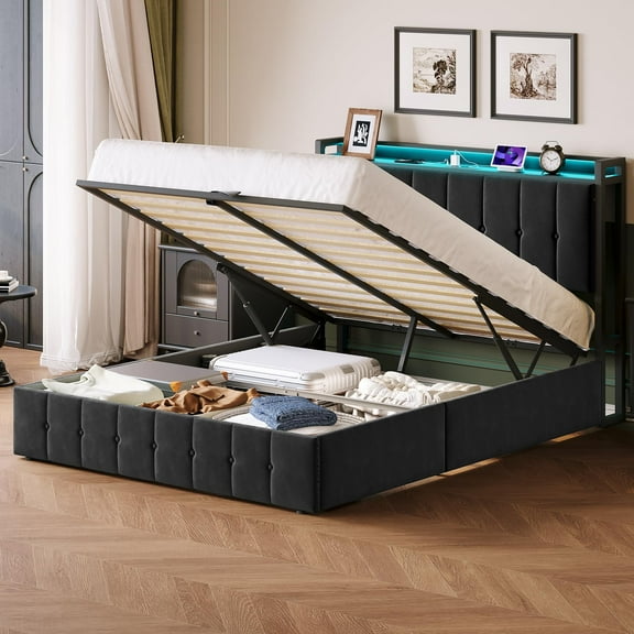 Velvet Lift-Up Storage Bed with LED Lights & Charging Station, Upholstered Headboard, Metal Frame, No Box Spring Needed, Black