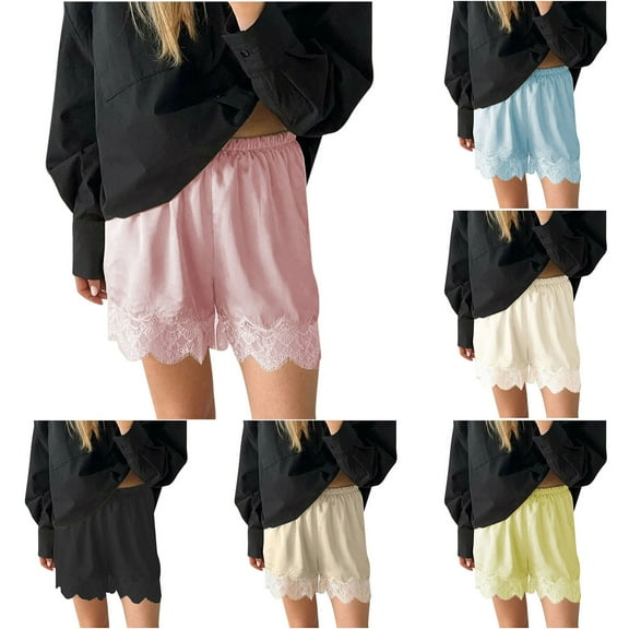 Miluxas Women Silk Lace Shorts Satin Elastic Waist Lace Trim Shorts Silk Patchwork Lounge Pettipants Slip Bottoms Yellow XL(XL)