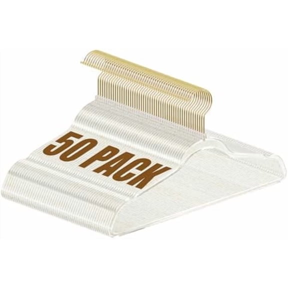 Clear Plastic Hangers 50 Pack, Acrylic Clothes Hangers with Gold Glitter, Heavy Duty Hangers, Space Saving, Ultra Slim, 360° Swivel Hook, Non-Slip Notches, for Coats, Suits, Dress, Pants