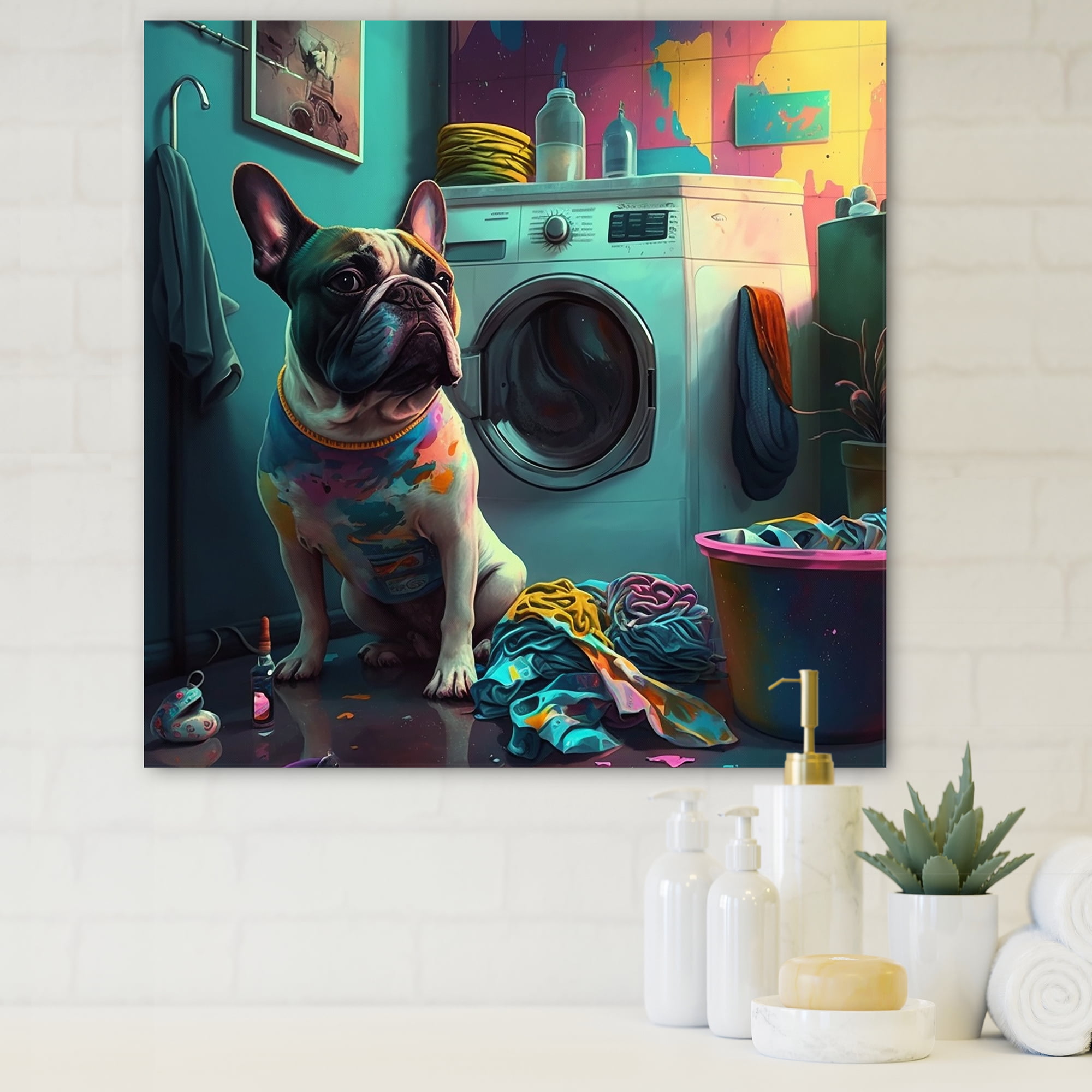 Designart Buldog In Laundry Canvas Wall Art