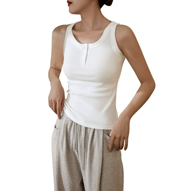 tarylea Women's Tank Tops Ribbed Knit Crew Neck Tops Button Front Sim Fitting Cami Athletic Sports Workout Tops