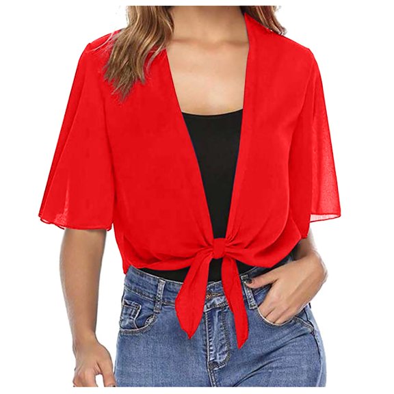 Women's Cardigan Chiffon Solid Color Short Sleeve Open Front Lightweight Casual Top Blouse for Spring Summer Outfits
