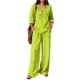 thumbnail image 3 of Women Lounge Sets 2 Piece Cotton Linen Outfits Summer Casual Long Sleeve V Neck Pullover Top Wide Leg Pants Matching Sets Trendy Clothes Going Out Suits for Womens Green L, 3 of 8