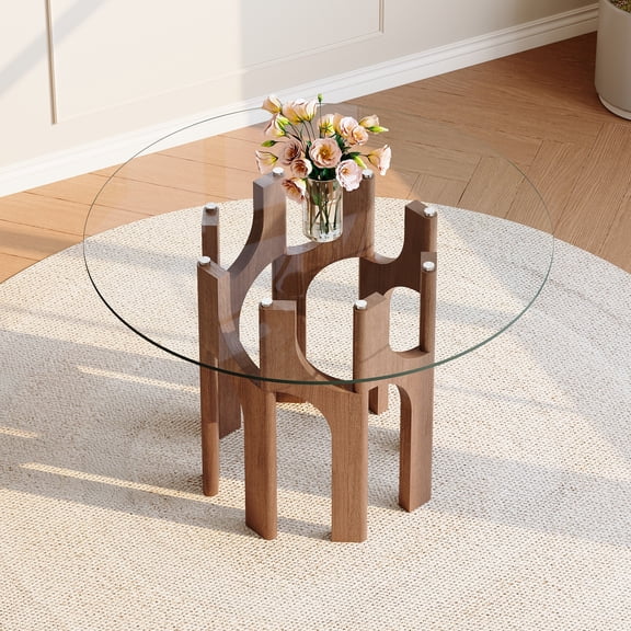 Round Tempered Glass Dining Table, Mid-Century Modern Walnut MDF Sculptural Base, Compact 2-4 Person Kitchen Table for Small Spaces Home/Apartment Dining Room Furniture