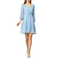 thumbnail image 3 of INSPIRE CHIC Women's Solid Cute V Neck Half Sleeve Flowy a-Line Chiffon Dress M Blue, 3 of 8