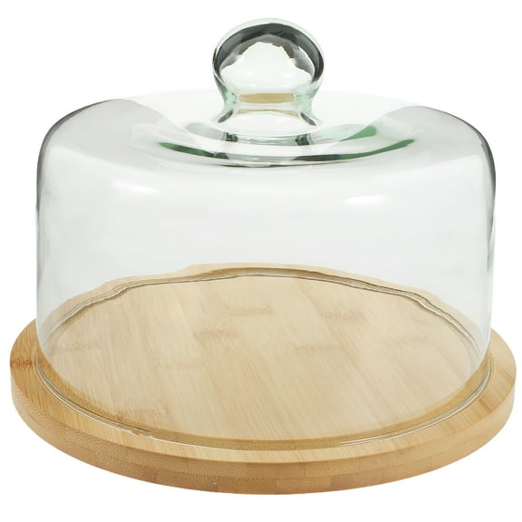FRCOLOR Food Cover 1 Set Glass Cake Dome Cover with Wood Plate Round Dessert Serving Plate Clear Cake Stand Cake Display Cloche Dome Cover,9.25"X9.25"X6.69"