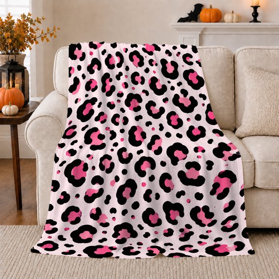 Blush pink black leopard rosettes Flannel Blanket for bedroom dorm room living room vanity corner Home Decor modern chic fuchsia animal print art Gift for friends