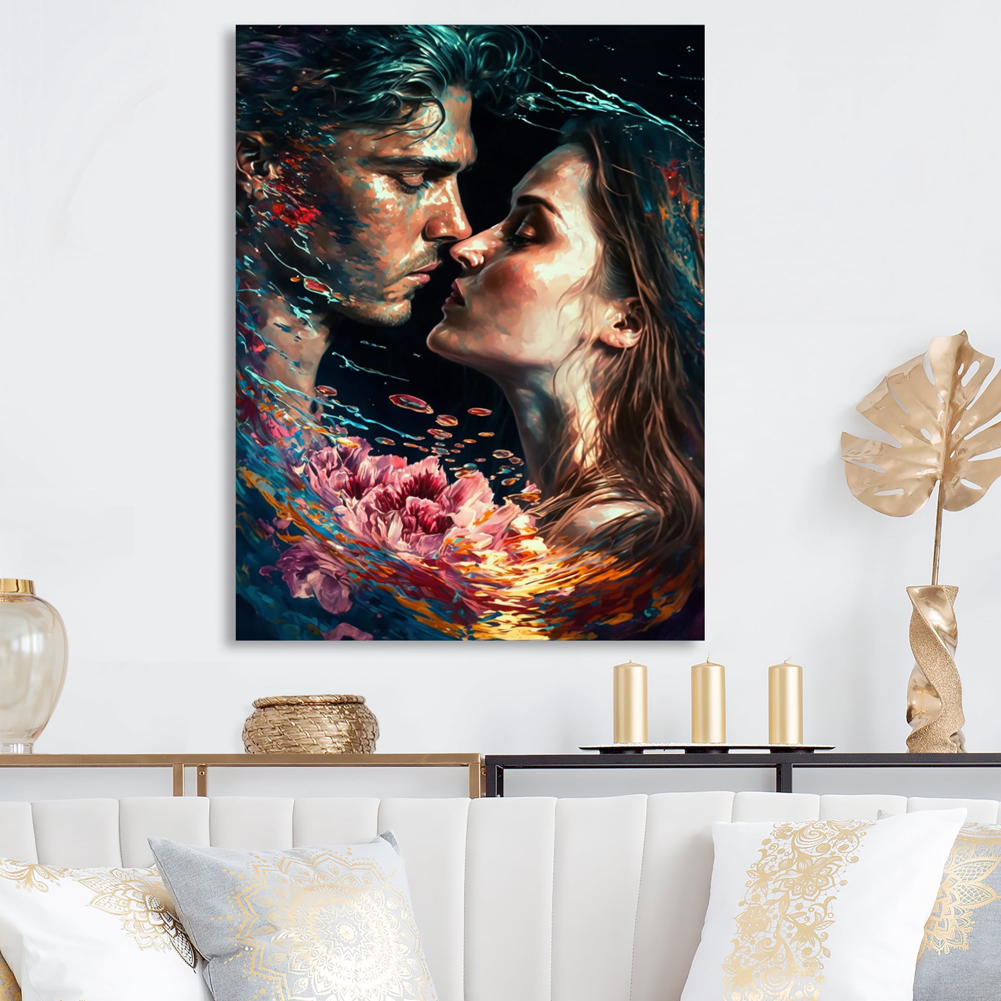Designart Loving Couple Kissing Floral Design II Canvas Wall Art