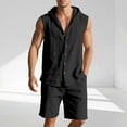 thumbnail image 2 of Men's Summer Casual Linen Cotton Hooded Sleeveless Shirt Shorts 2 Piece Set Loose Fit Solid Color Outfits for Beach Vacation Golf Streetwear Loungewear Modern Fashion Essential, 2 of 9