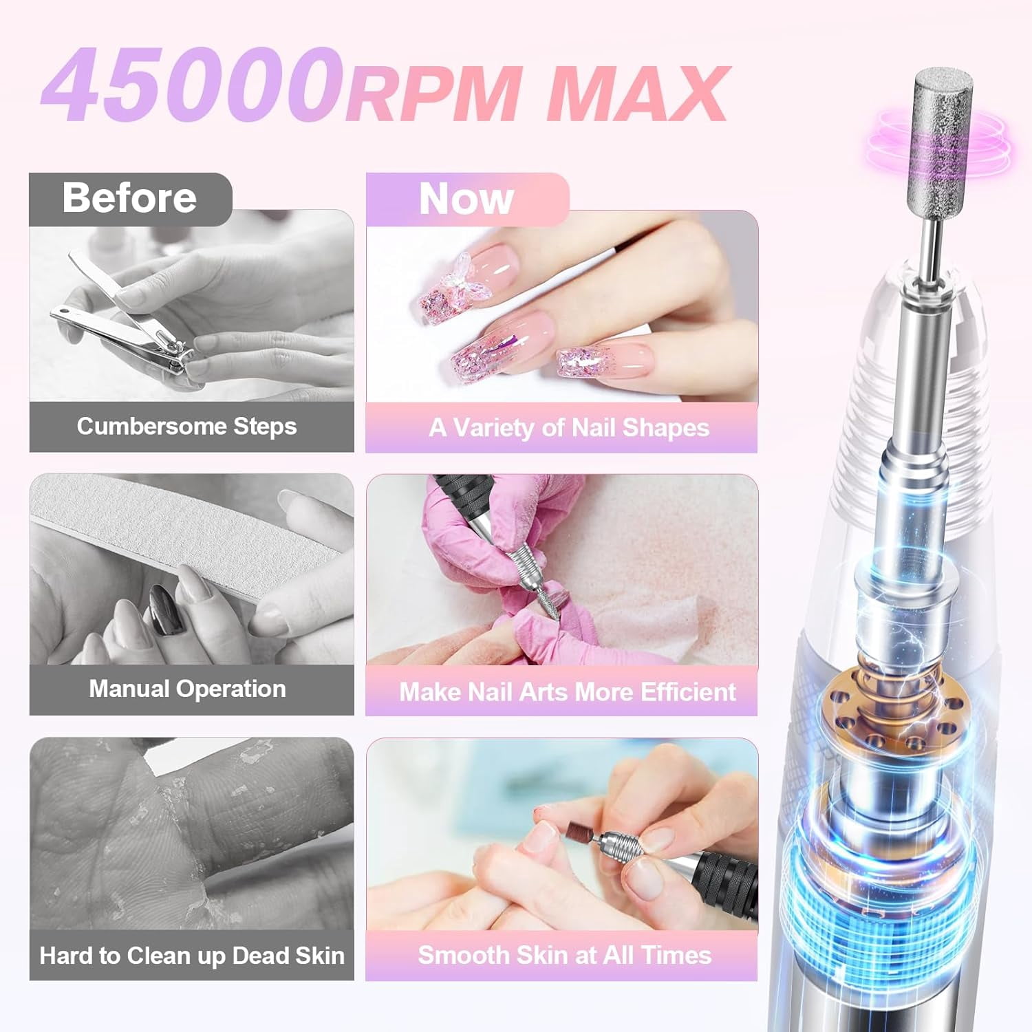 COSITTE 45,000 RPM Portable Electric Nail Drills, LCD Display, Acrylic and Gel Remover, Hand and Foot Care - Black