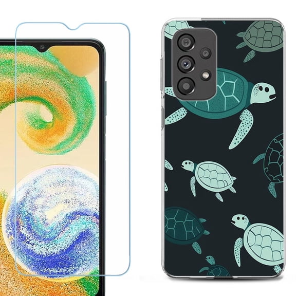 Shockproof Fashion Phone Case for Samsung Galaxy A23 5G, with Tempered Glass Screen Protector, by OneToughShield ® - Sea Turtle Mix
