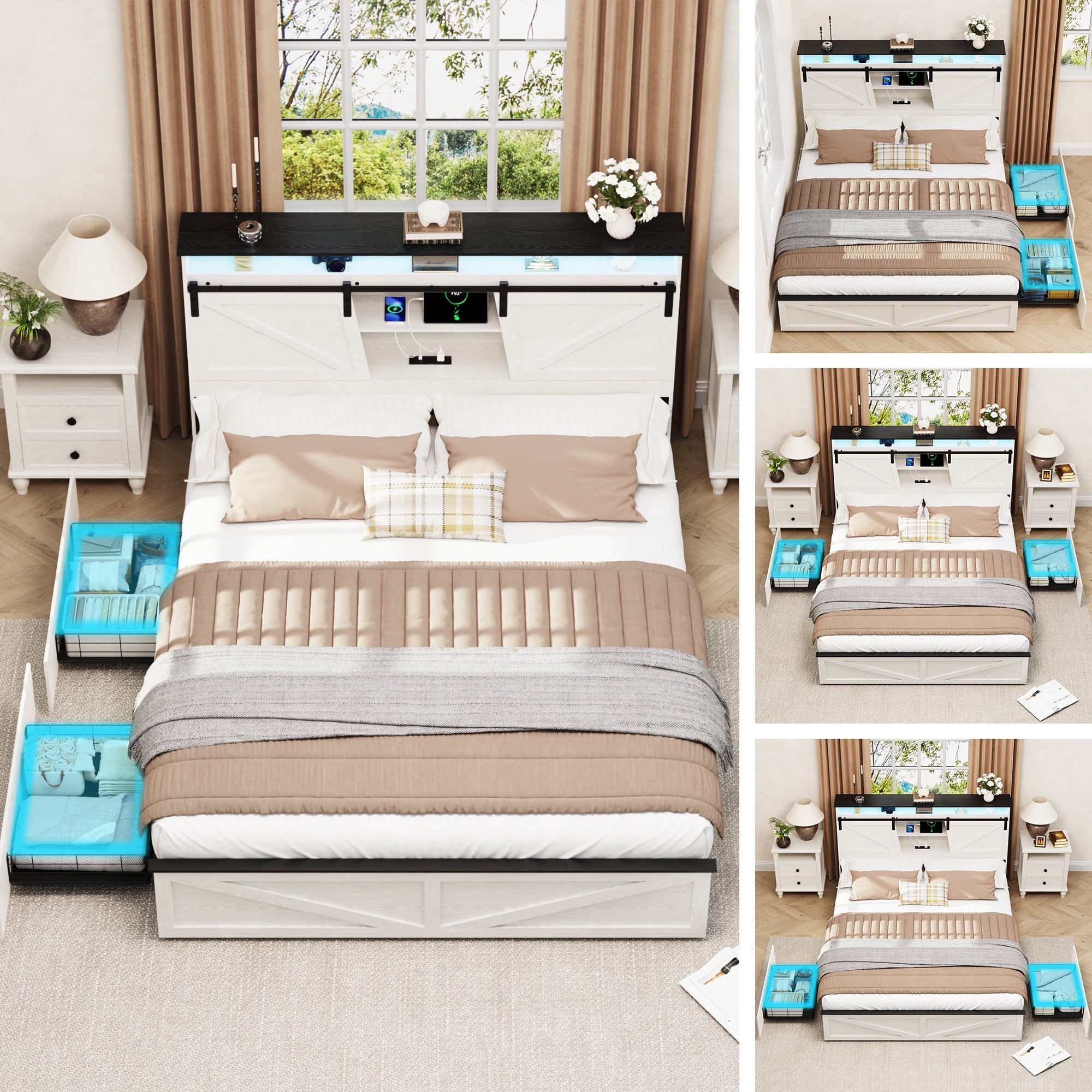 Wood Queen Bed Frame with Headboard & Storage Shelf, Holaki Farmhouse Queen Size Platform Bed Frame with 2 Drawers, Charging Station & LED Lights, Headboard with Sliding Barn Door, White