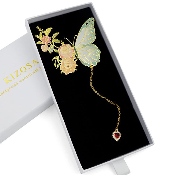Marcador KIZOSA en forma de mariposa de metal con colgante en forma de corazón, caja de regalo