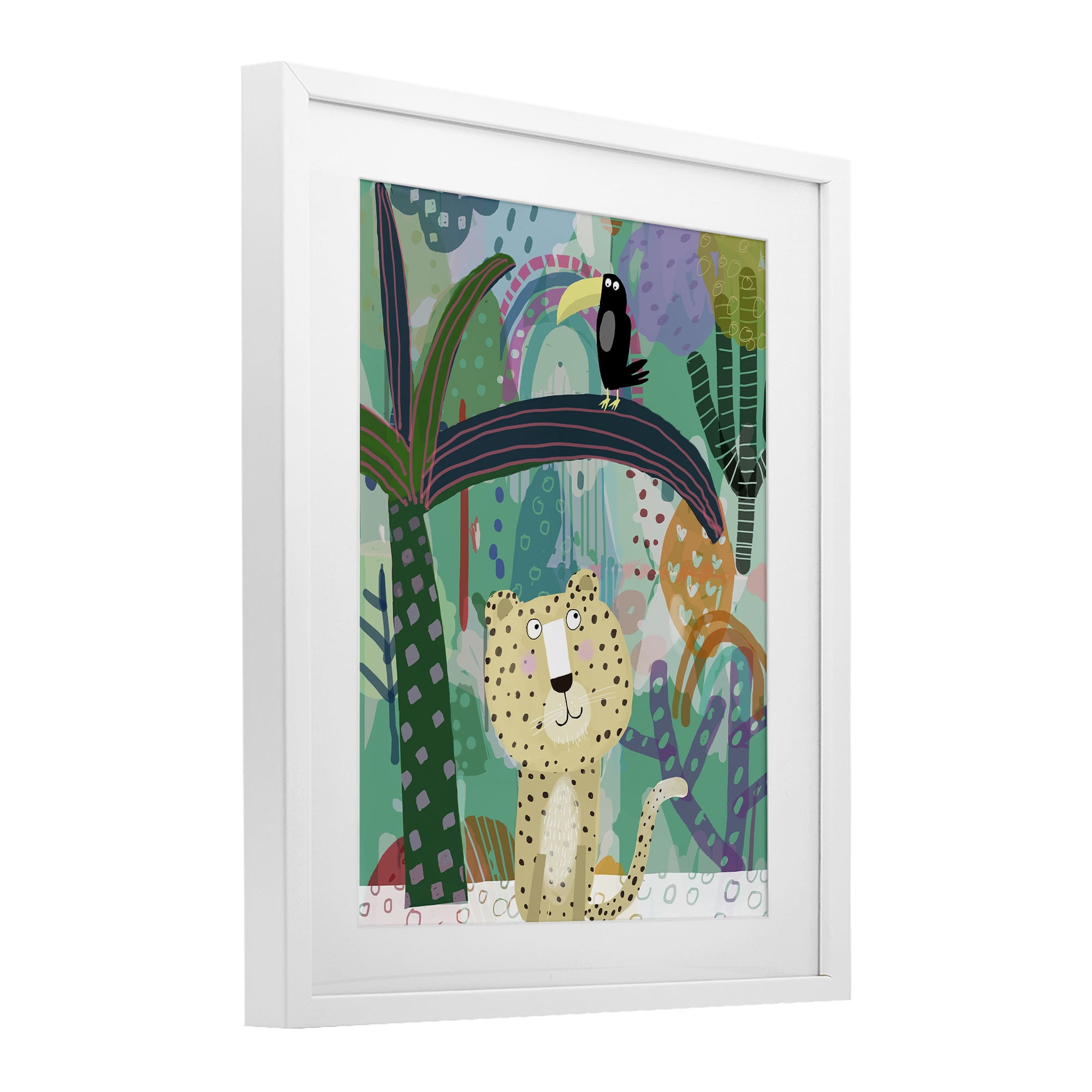 Jungle Cheetah & Toucan White Framed Print Under Glass, design by Carla Daly