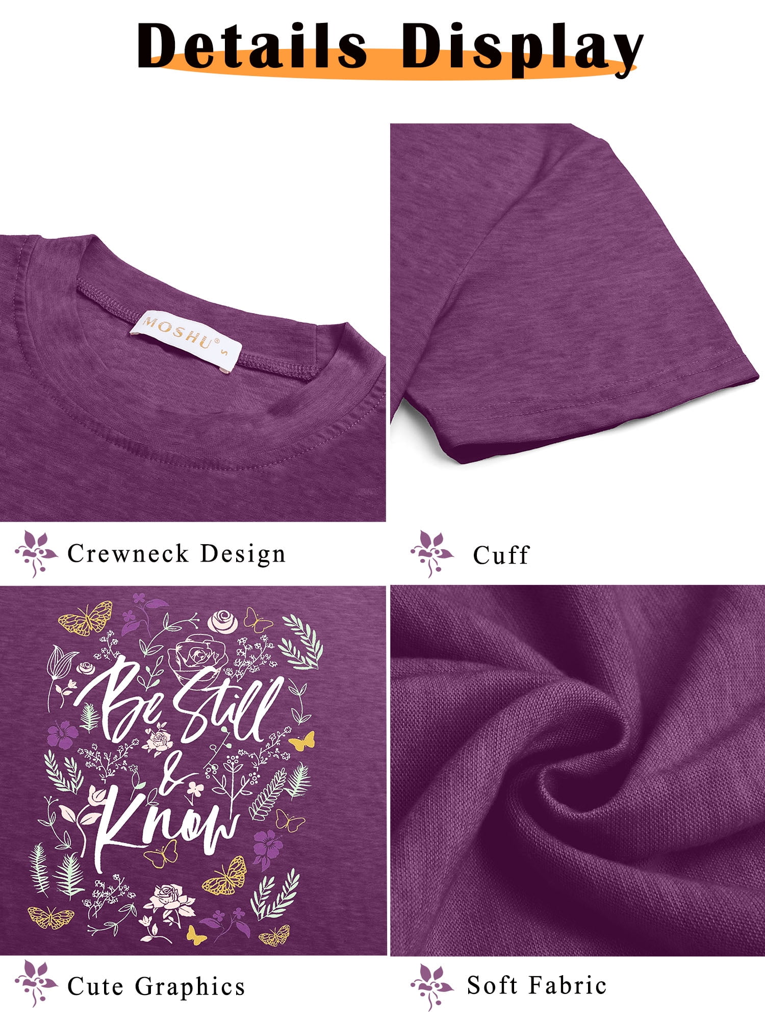 MOSHU Womens T-shirts Round Neck Shirts for Women Short Sleeve Loose Graphic Tees