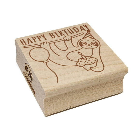 Happy Birthday Sloth with Cupcake Square Rubber Stamp Stamping Scrapbooking Crafting - Small 1.25in