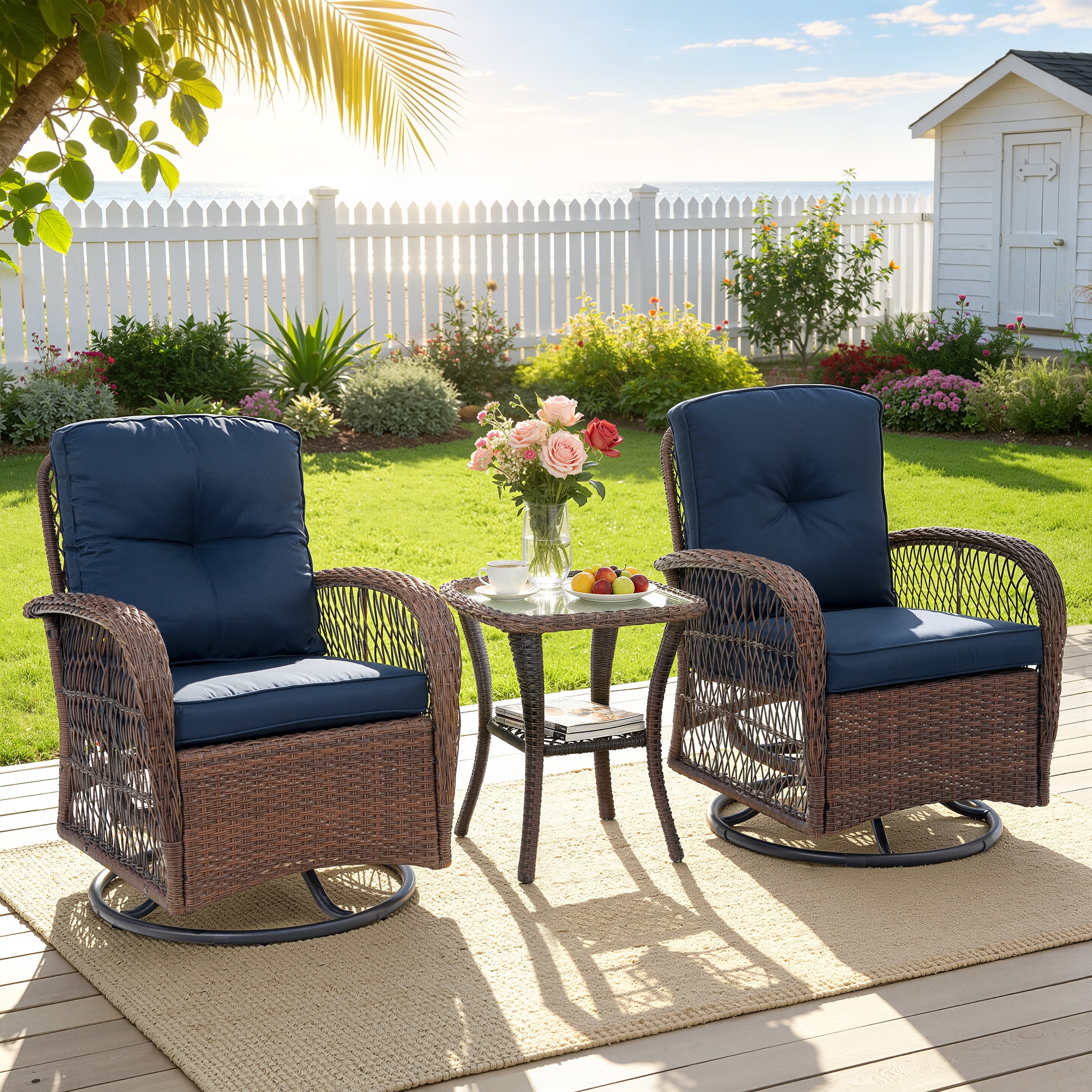 3 Pieces Patio Furniture Set, Outdoor Chair Set of 2 with Coffee Table, Porch Poolside PE Rattan Wicker Bistro Bar Set Cushioned, Heavy-duty Steel Frame Rattan 360°Swivel  Conversation Set