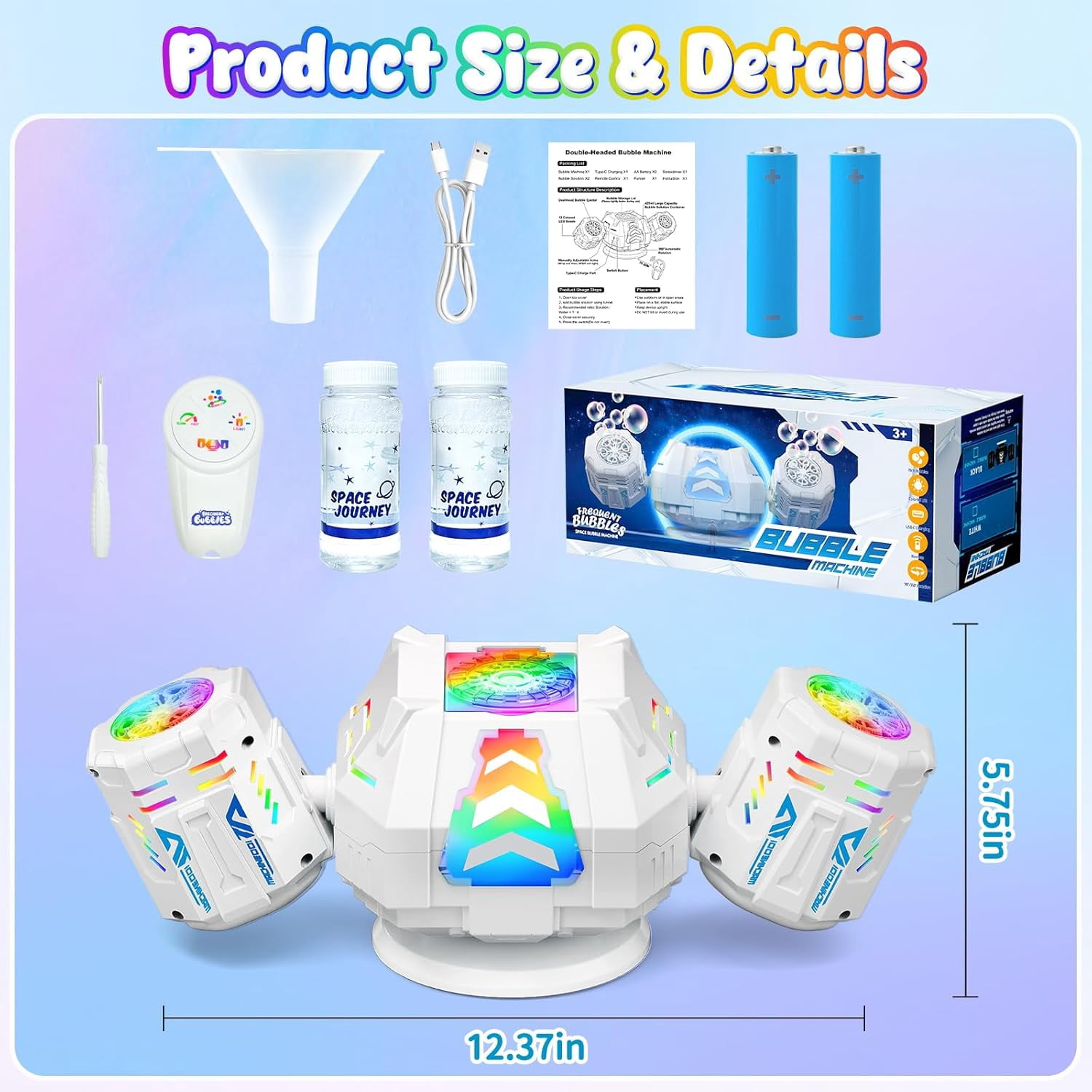 Bubble Machine, Rechargeable Bubble Maker with 360 ° Automatic Rotation & 9 LED Light, 30000+ Bubbles Blower Machine, Birthday Parties, Wedding, Indoor, Outdoor Activities